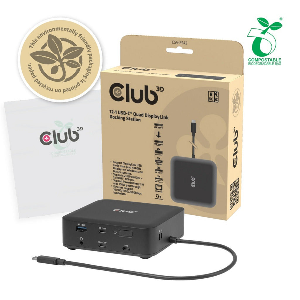 Club 3D 12-1 USB-C® Quad DisplayLink Dockingstation (Schwarz)