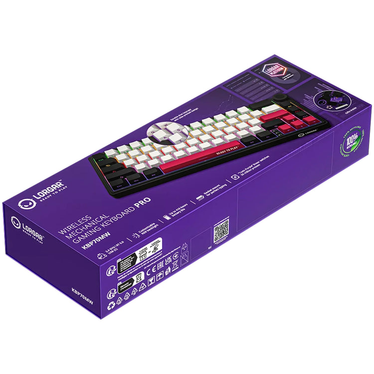 Lorgar kbp70mw, Gaming-Tastatur (schwarz, US-Layout, logar toxic purple, 65 %, RGB, Hot-Swap-fähig, PBT Double-Shot, Bluetooth 2,4 GHz USB)