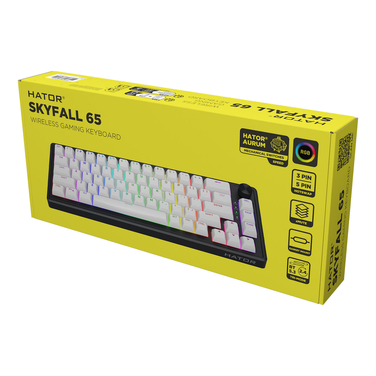 Hator Skyfall Wireless, Gaming-Tastatur (schwarz, US-Layout, Hator Aurum Sterling, 65 %, RGB, Double Shot ABS, Hot-Swap, 2,4 GHz Bluetooth USB-C)