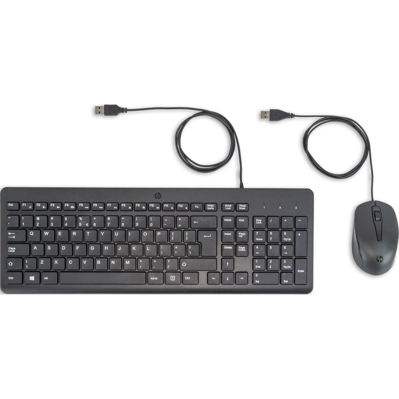 HP 150 Maus und Tastatur mit Kabel-Desktop-Set (Schwarz, EU-Layout (QWERTY), Membran, 100 %, 1600 dpi)