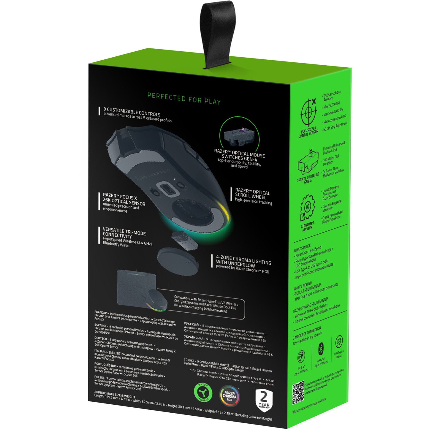 Razer Cobra Hyperspeed Gaming-Maus (schwarz, 26.000 dpi, RGB, 2,4 GHz Bluetooth USB)