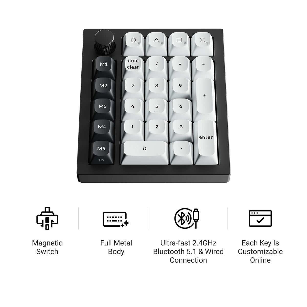 Keychron Q0 HE QMK Wireless Custom Number Pad RGB mechanischer Numpad (schwarz, US-Layout (QWERTY), Gateron Double-Rail Magnetic Nebula, Hot-Swap, RGB, Double-Shot PBT-Tastenkappen)