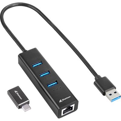 Sharkoon 3-Port USB 3.2 Gen 1 Aluminium Hub + RJ45 Ethernet