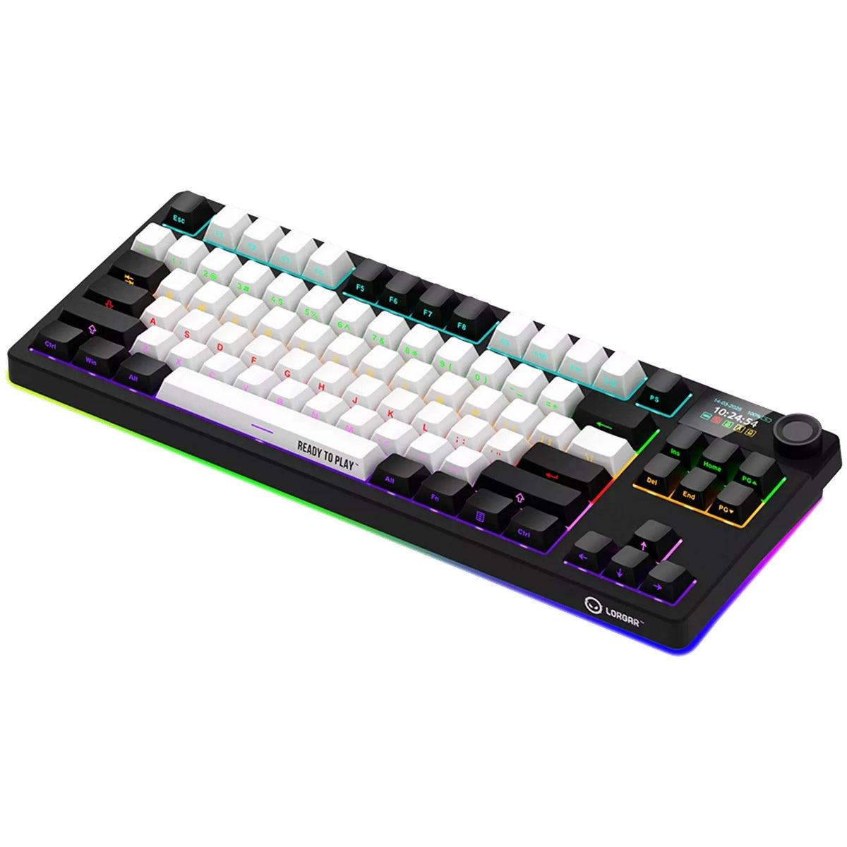 Lorgar kbp70tklw, Gaming-Tastatur (schwarz, US-Layout, logar toxic purple, TKL, RGB, Hot-Swap-fähig, PBT Double-Shot, Bluetooth 2,4 GHz USB)