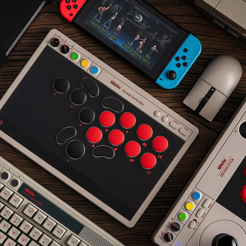 8bitdo Arcade-Controller (grau rot, 2,4 GHz Bluetooth USB, Nintendo Switch, PC)