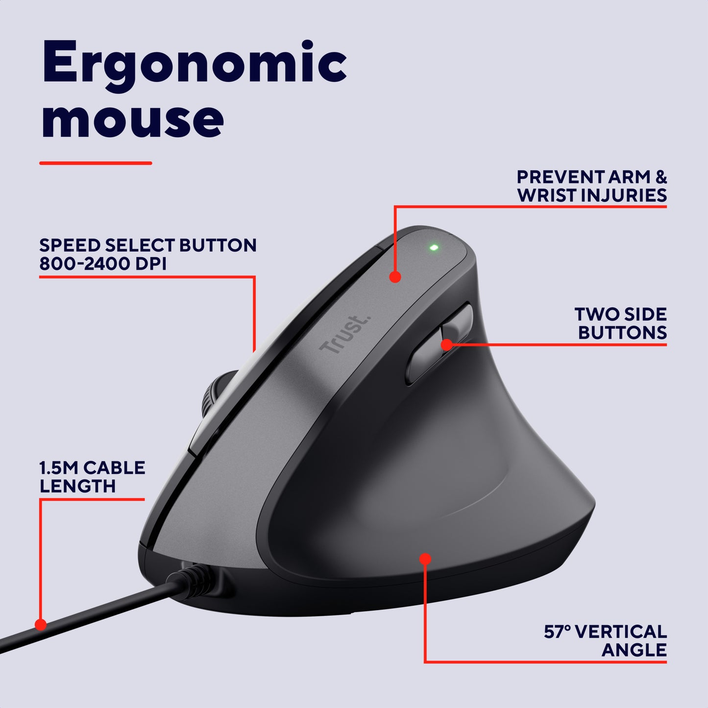 Ergonomische Maus Trust Bayo II (schwarz, 800 dpi – 2.400 dpi)