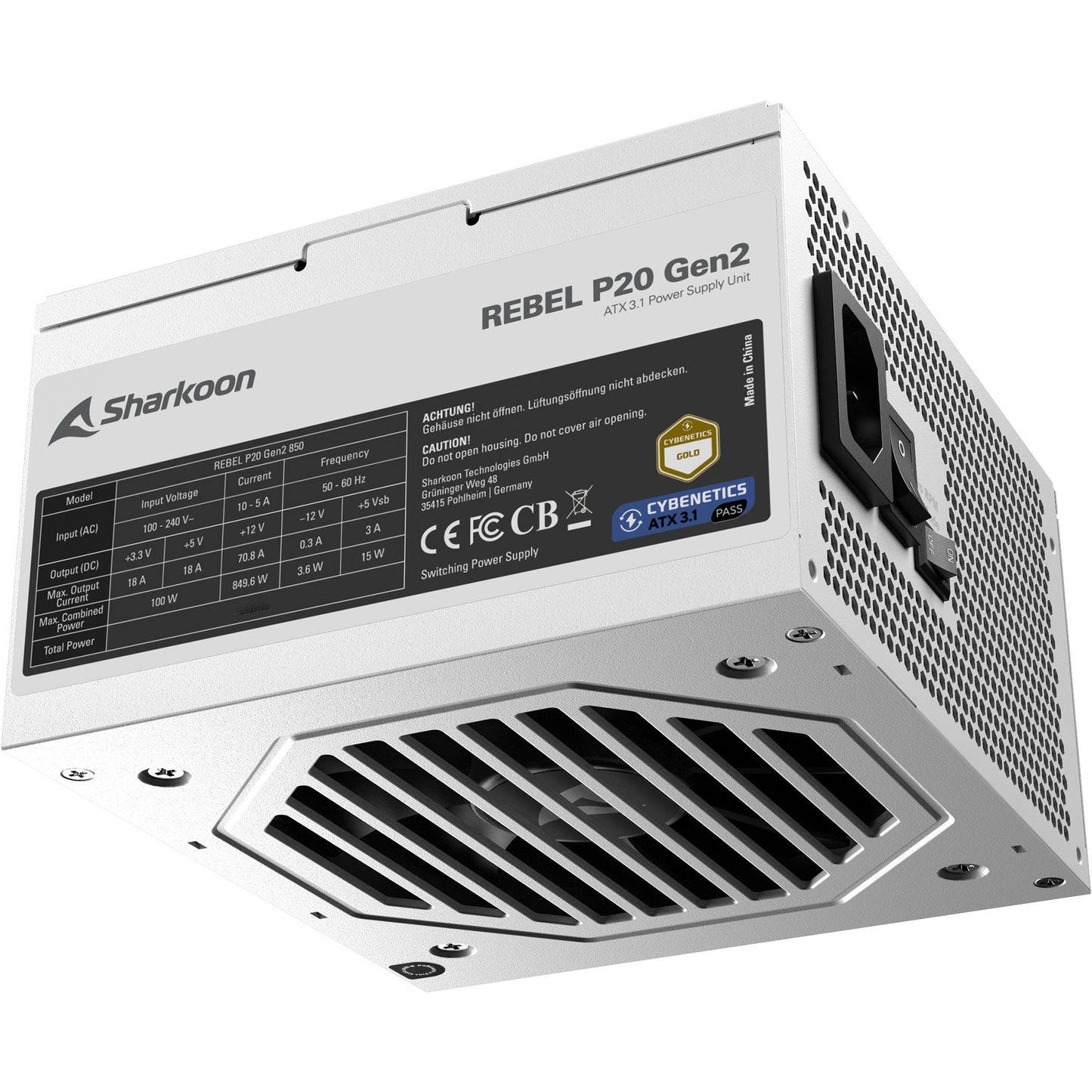 Sharkoon Rebel P20 Gen2 Modulares 850-Watt-Netzteil (weiß, 1x 12V-2x6, 3x PCIe)