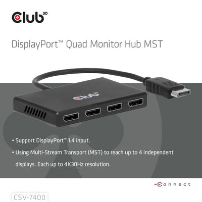 Club 3D DisplayPort Quad Monitor Hub MST 4x 4K30Hz DisplayPort Splitter (Schwarz)
