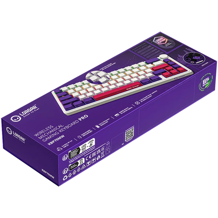 Lorgar kbp70mw, Gaming-Tastatur (weiß, US-Layout, logar toxic purple, 65 %, RGB, Hot-Swap-fähig, PBT Double-Shot, Bluetooth 2,4 GHz USB)