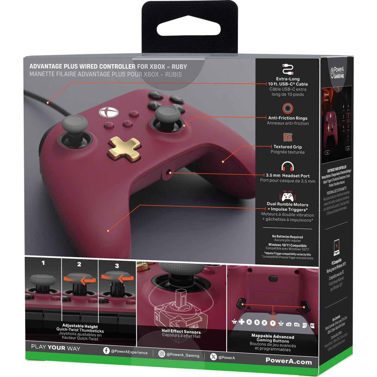 Powera Advantage Plus Kabelgebundener Controller für Xbox Series X|s – Ruby (Dunkelrot, Xbox Series X|s, Xbox One, PC)