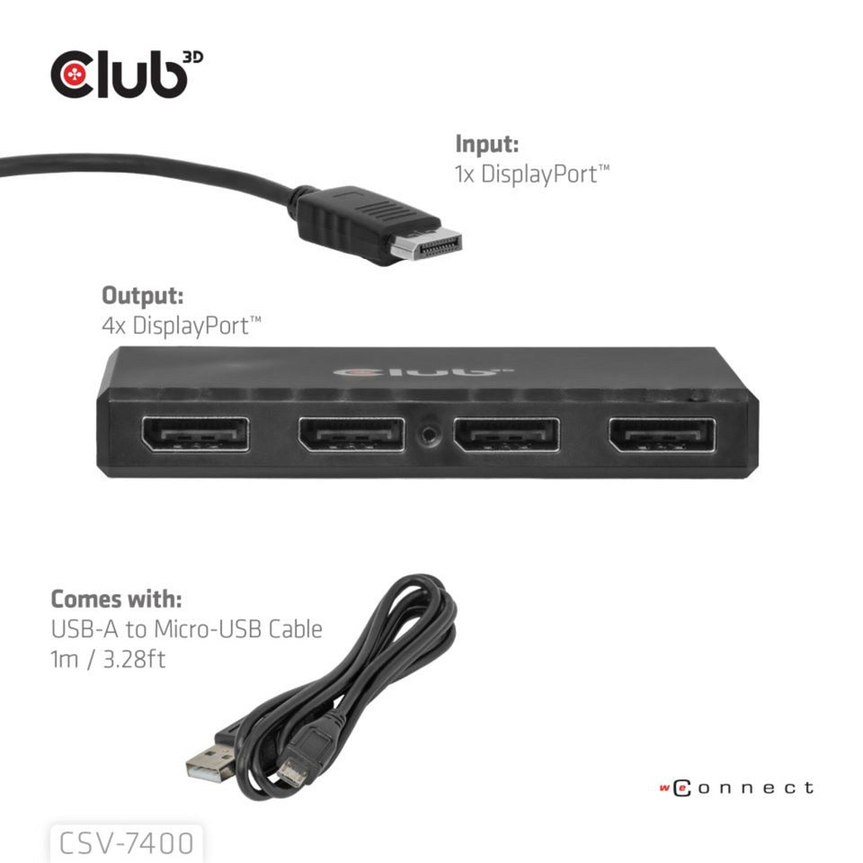 Club 3D DisplayPort Quad Monitor Hub MST 4x 4K30Hz DisplayPort Splitter (Schwarz)