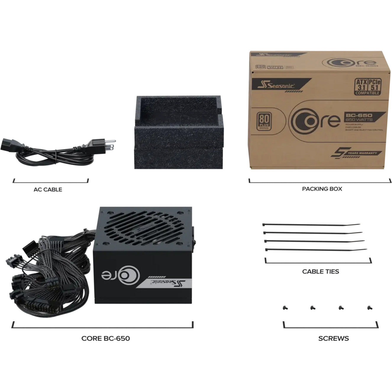 Seasonic Core BC-650 ATX 3.1 650 Watt Netzteil (schwarz, 2x PCIe)