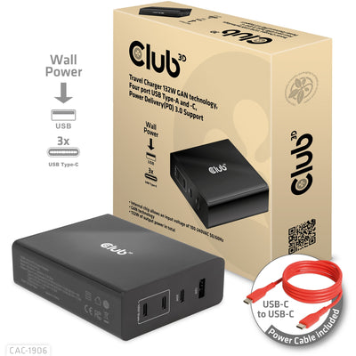 Club 3D Travel Charger 132W Gan Technology, Four Port USB