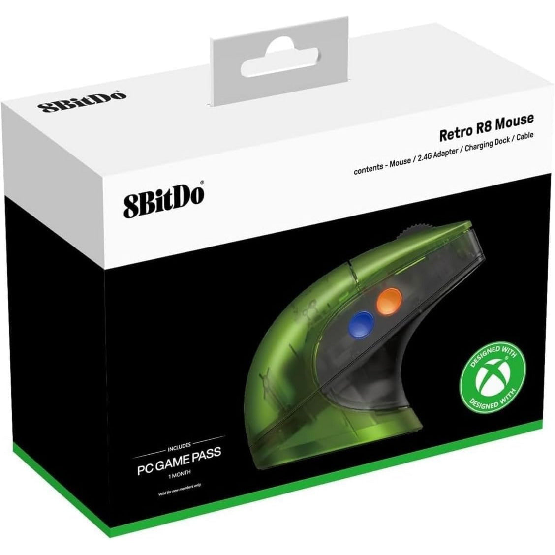 8bitdo Retro R8 Maus – Xbox Edition (grün, 50 – 26000 dpi, Bluetooth USB-C 2,4 GHz)
