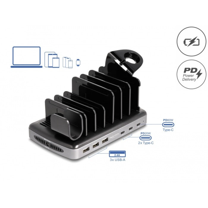 Delock USB-Ladestation mit 3 x USB Typ-C PD + 3 x u