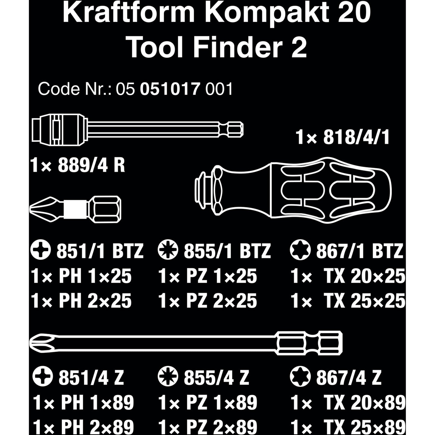 Wera kraftform kompakt 20 tool finder 2 met etui bitset (zwart groen, 13-delig)