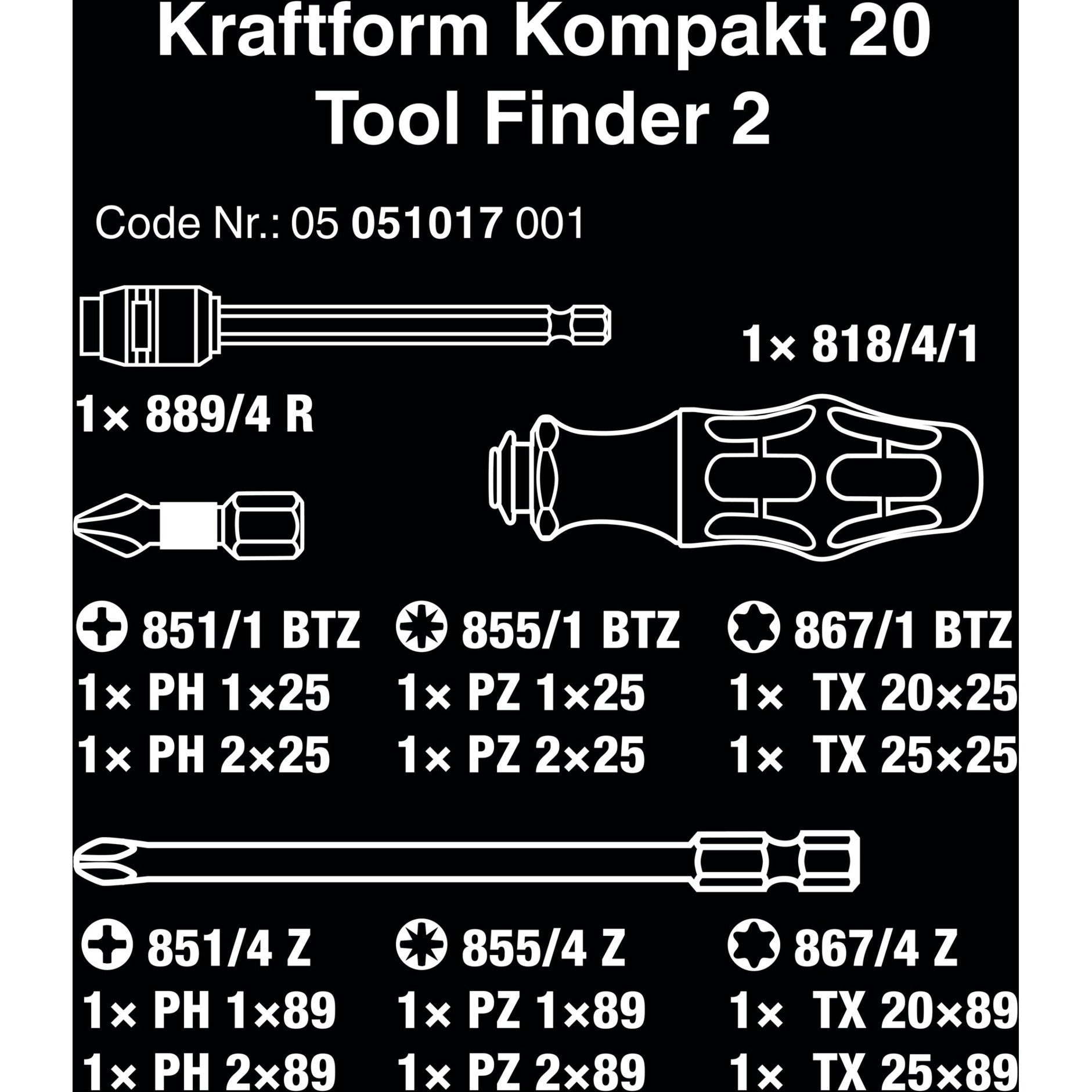 Wera kraftform kompakt 20 tool finder 2 met etui bitset (zwart groen, 13-delig)