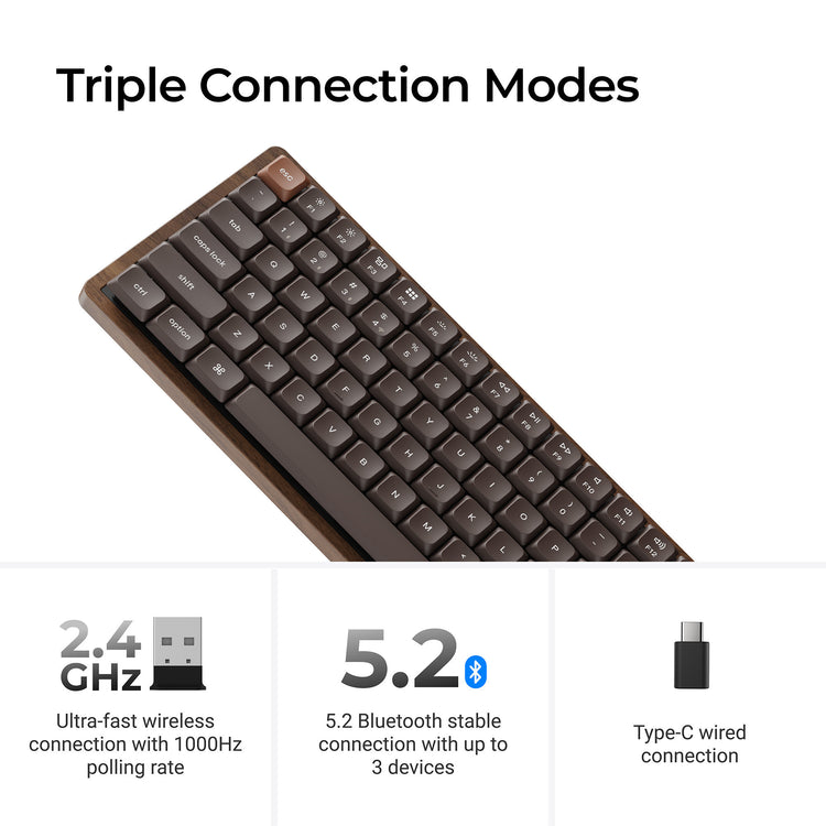 Keychron K3 Max-H3W Vollholz-Sonderedition mechanische RGB-Tastatur (Holzfarbe, US-Layout (QWERTZ), Milchpommelbraun, 75 %, RGB-LEDs, Double-Shot-PBT, Hot-Swap, 2,4 GHz | Bluetooth 5.1 | USB-C)