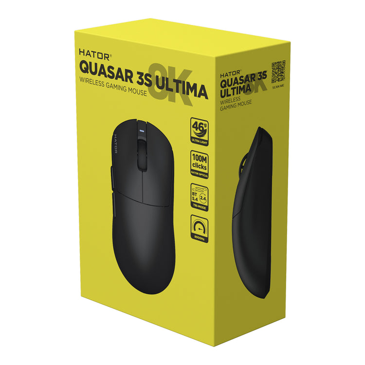 Hator Quasar 3S Ultima 8K Kabellose Gaming-Maus (Schwarz, 30.000 DPI, 2,4 GHz Bluetooth USB)
