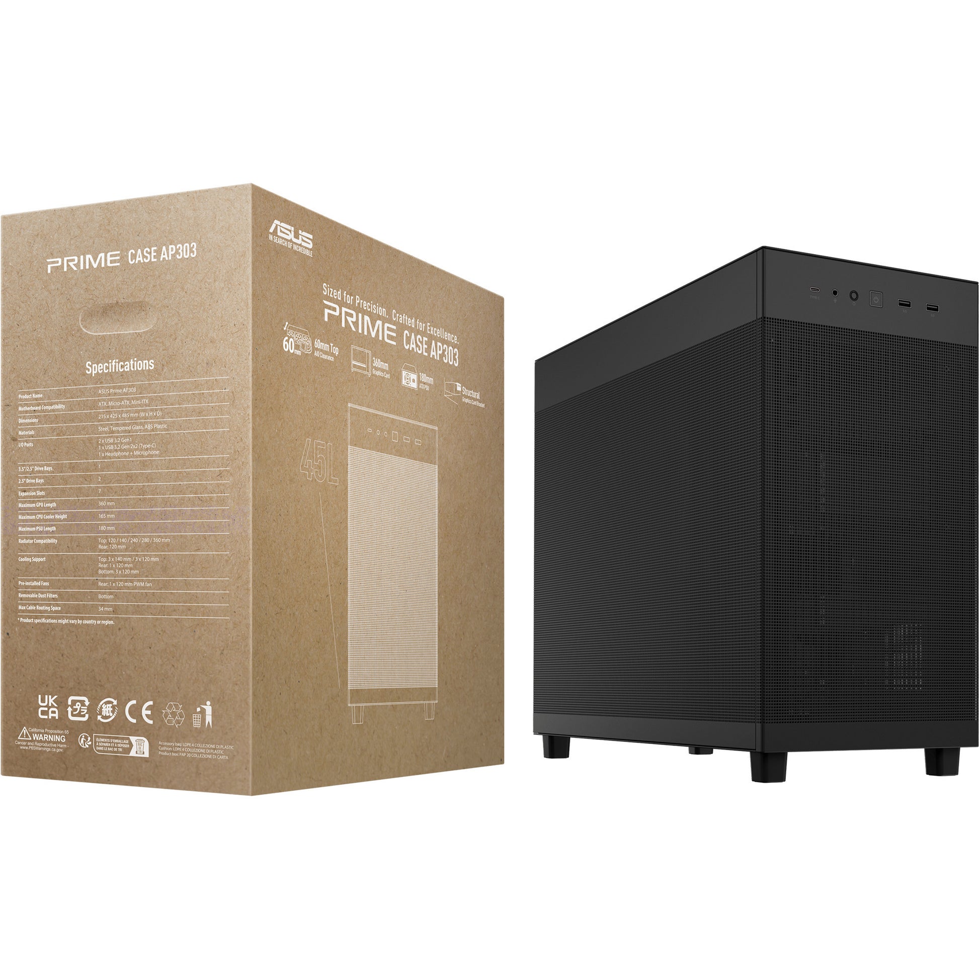 Asus Prime Ap303 - Mesh Panel Midi Tower Gehäuse (schwarz | 2x USB-A | 1x USB-C)