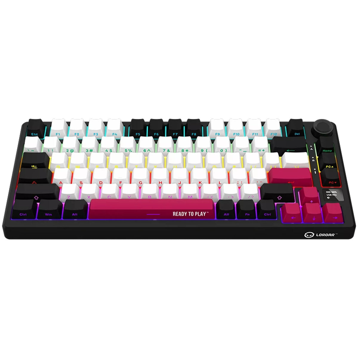 Lorgar kbp7075w, Gaming-Tastatur (schwarz, US-Layout, logar toxic purple, 75 %, RGB, Hot-Swap-fähig, PBT Double-Shot, Bluetooth 2,4 GHz USB)