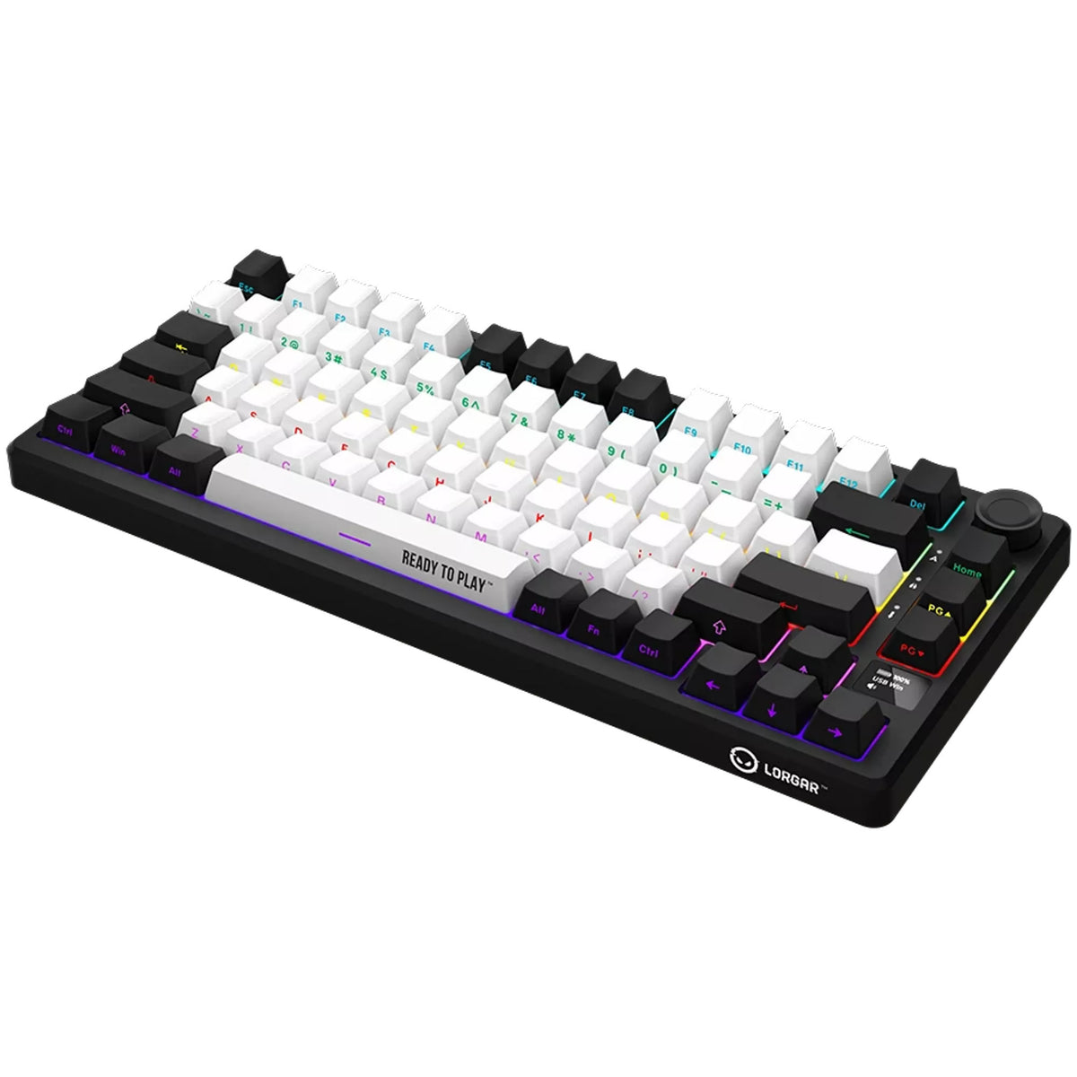 Lorgar kbp7075w, Gaming-Tastatur (schwarz, US-Layout, logar toxic purple, 75 %, RGB, Hot-Swap-fähig, PBT Double-Shot, Bluetooth 2,4 GHz USB)