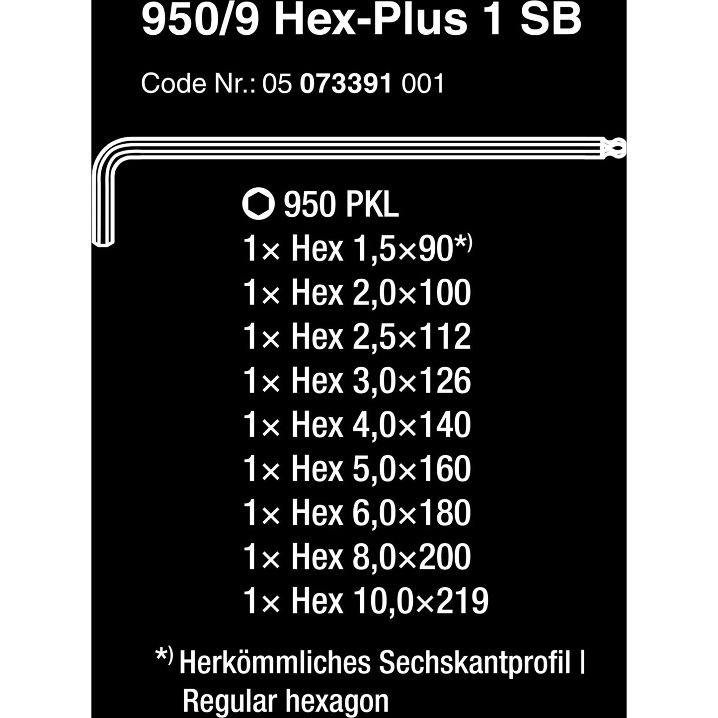 Waa 950 9 Hex-plus 1 SB Stiftschlüssel Set, Metrik, weit