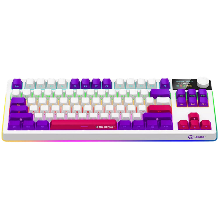 Lorgar kbp70tklw, Gaming-Tastatur (weiß, US-Layout, logar toxic purple, TKL, RGB, Hot-Swap-fähig, PBT Double-Shot, Bluetooth 2,4 GHz USB)