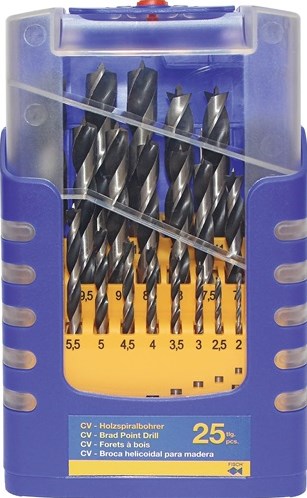 Fisch-Tools Satz Holzspiralbohrer | 25-teilig | D. 1-13 mm 0,5 mm Teilung | Chrom-Vanadium-Stahl | 1 Stück - 0120025k01 - 0120025k01