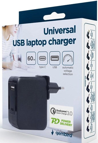 Gembird USB-C-Schnellladegerät, Laptop-Netzteil 60 W, USB + USB-C, Schwarz – 9550195