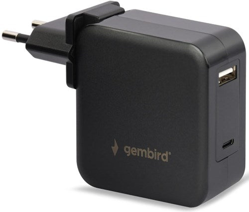 Gembird USB-C-Schnellladegerät, Laptop-Netzteil 60 W, USB + USB-C, Schwarz – 9550195