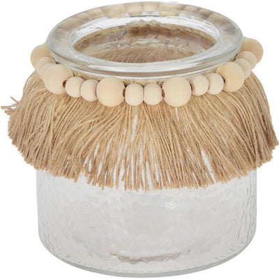 Cosydecor Windlichtglas mit Bast und Perlen 11cm