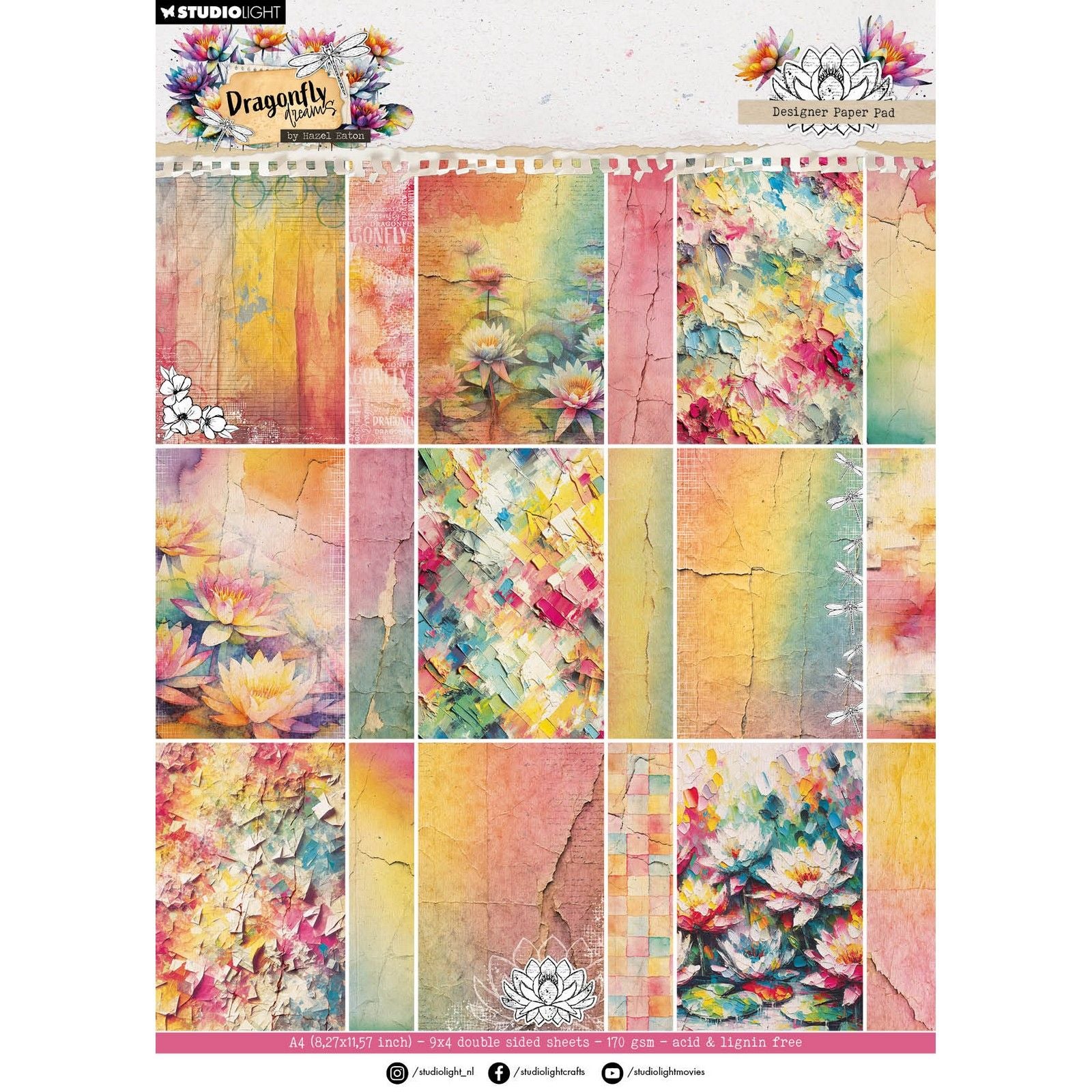 Studiolicht • Hazel Eaton Designer-Papierblock, Hintergrundpapiere, Libellenträume, 210 x 294 x 9 mm, 36 Blatt