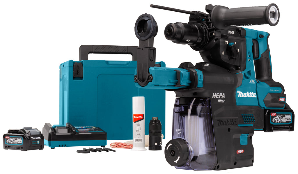 Makita hr004gm202 40v max Kombihammer | sds-plus | 4,0-Ah-Akku (2 Stück), Ladegerät, in Mbox, mit Staubabsaugung – hr004gm202