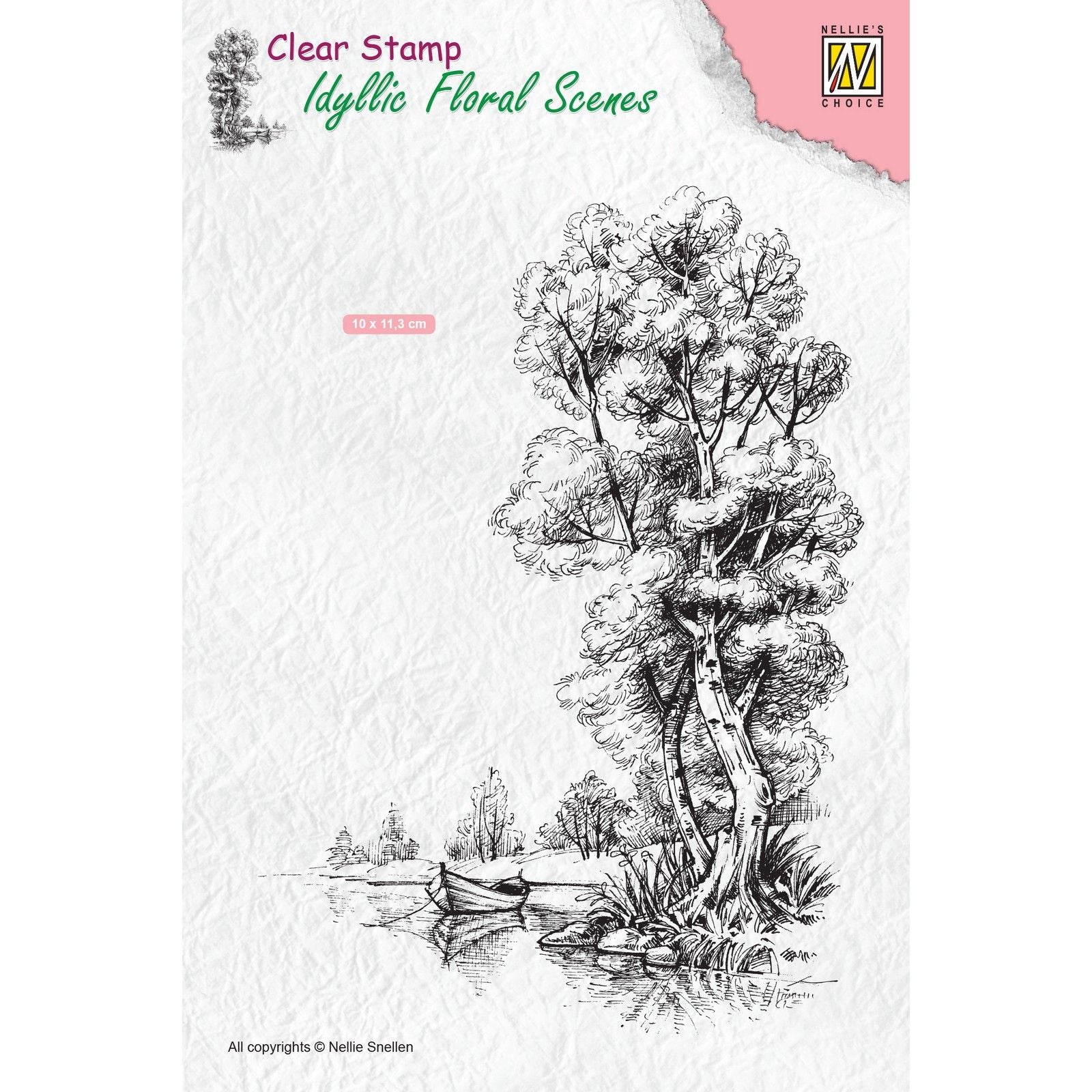 Nellies Wahl • Idyllische Blumenszenen, klarer Stempel, Szenenbaum mit Boot, 100 x 140 mm