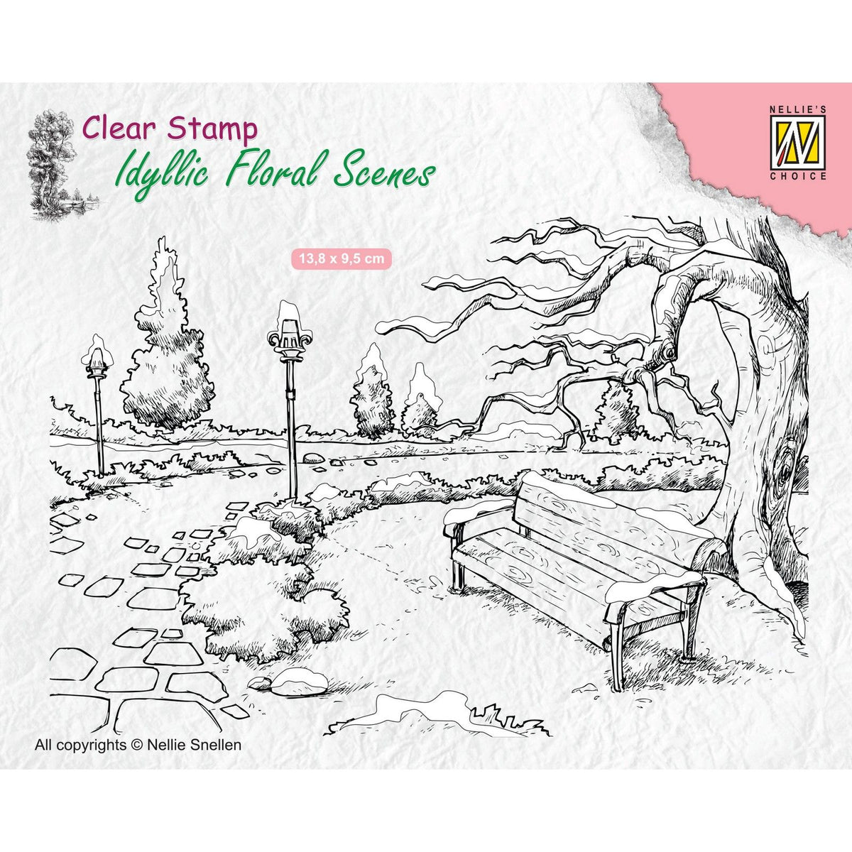 Nellies Wahl • idyllische Blumenszenen, klarer Stempel, winterlicher Park mit Bank, 135 x 90 mm