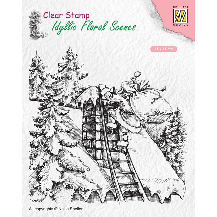 Nellies Wahl • Idyllische Blumenszenen, transparenter Stempel, Weihnachtsmann bei der Arbeit, 95 x 107 mm
