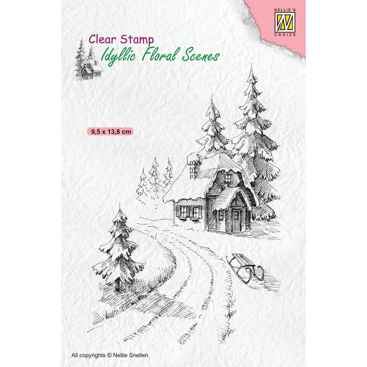 Nellies Wahl • idyllische Blumenszenen, klarer Stempel, winterliches Haus (95 x 138 mm)