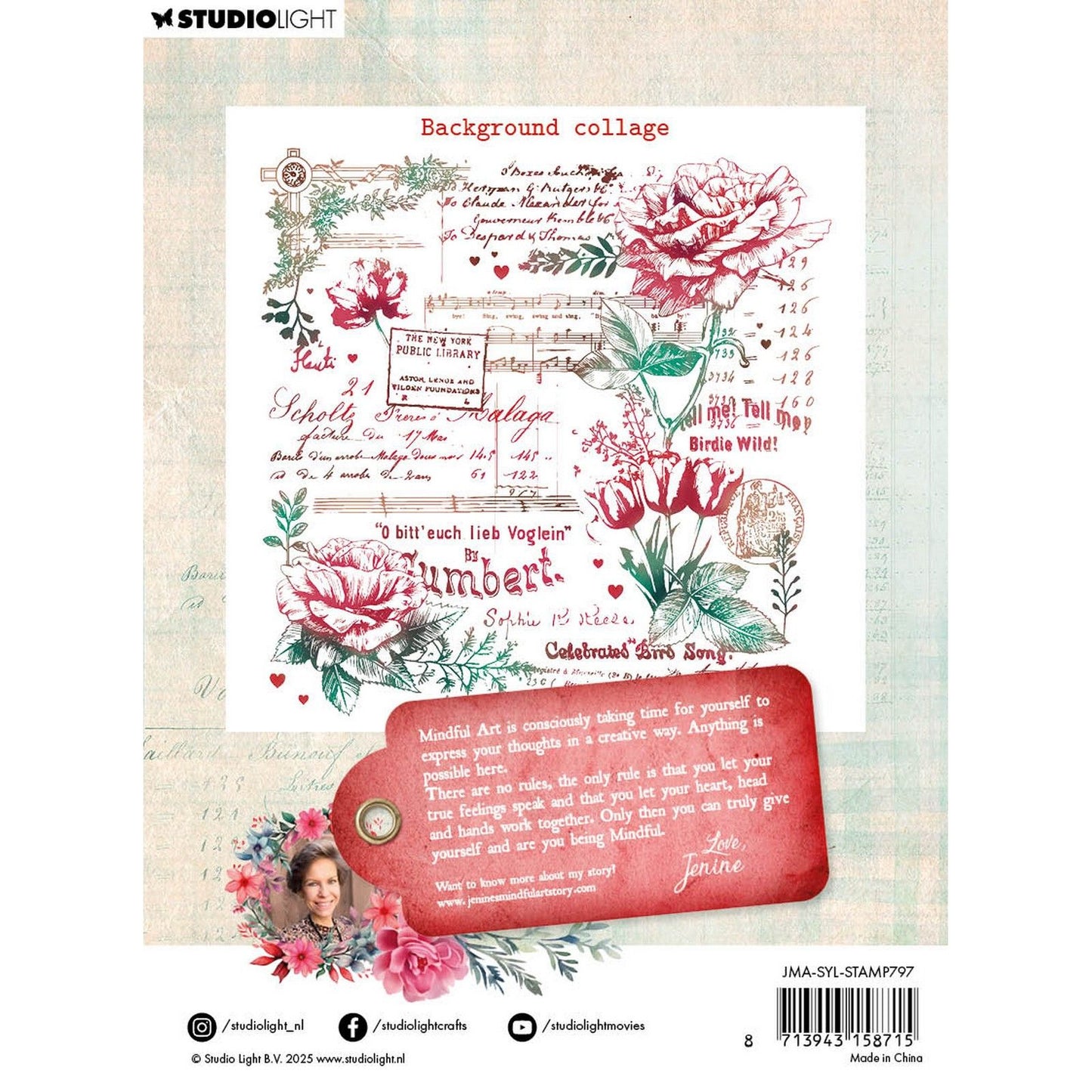 Studiolicht • Die durchsichtigen Stempel „Mindful Art“ von Jenine senden Ihnen eine Hintergrundcollage mit Liebe