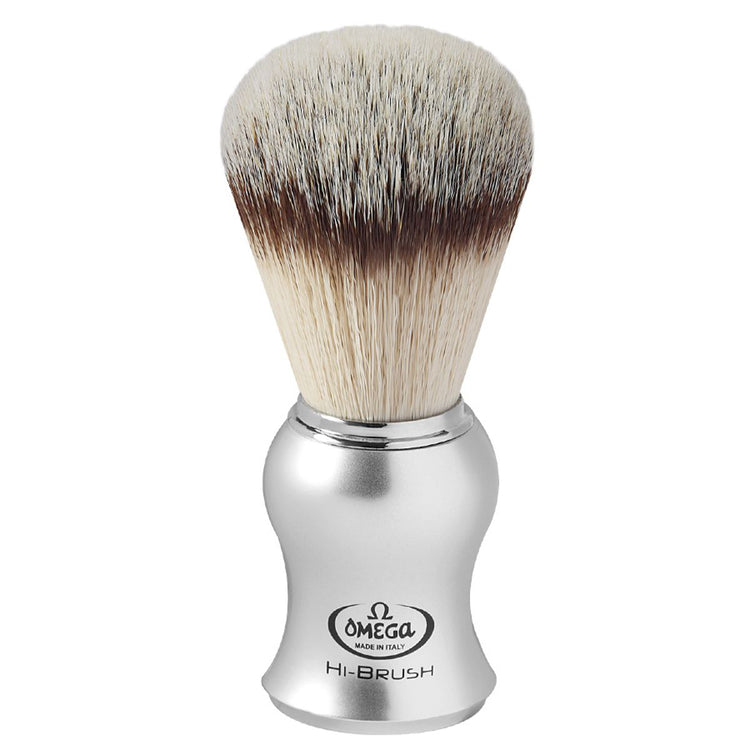 Omega Rasierpinsel Hi-Brush Kunsthaar mit Dachshaareffekt, silberner Griff, 10,5 cm