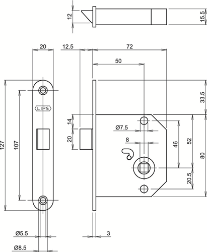 Lippen 2084 1 Laufschloss | dm50mm | Frontplatte aus lackiertem Stahl 20x127mm abgerundet | dr 1+3 2+4 - 7225013
