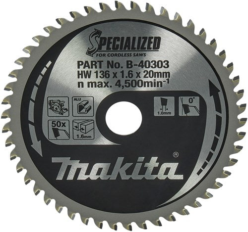 Makita Zubehör Kreissägeblatt | Aluminium | 136x20x1,6 50t 0g - b-40303