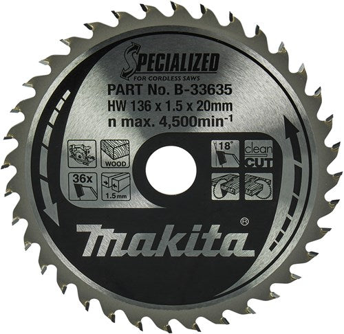 Makita Zubehör Kreissägeblatt | Holz | 136x20x1,5 36t 18g - b-33635