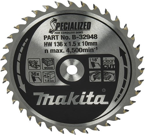 Makita Zubehör Kreissägeblatt Holz spezialisiert 136x10x1,5 36t 18g - B-32948