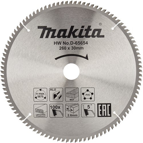 Makita Zubehör D-65654 Kappsägeblatt | verschiedene Materialien | 260x30x2,6 | 100t | 5g - d-65654