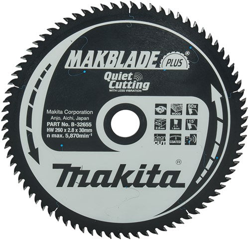 Makita Zubehör Tischkreissägeblatt Holz – Makblade-Plus 260 x 30 x 2,8 80 Zähne 15 g – B-32655