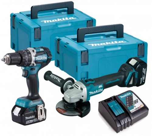 Makita DLX2179TJ1 18V LXT 2-teiliger bürstenloser DGA504-Winkelschleifer + DHP484 (Schlag-)Bohrer-Set mit 2 x 5,0-Ah-Akkus