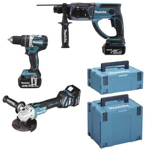 Makita DLX3093TJ 18V LXT 3-teiliges Set: Winkelschleifer DGA513 + Schlagbohrmaschine DHP484 + Bohrhammer MR202 mit 3 x 5,0-Ah-Akkus - DLX3093TJ