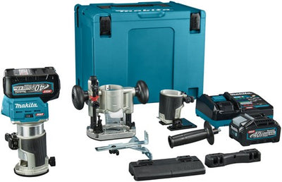 Makita rt001gm206 Ober- und Kantenfräse | 40 V max. | 2 x 4,0 Ah Akku + Schnellladegerät | inkl. diverse Füße + Führungsschienenadapter | in mbox - rt001gm206