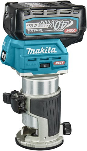 Makita rt001gm206 Ober- und Kantenfräse | 40 V max. | 2 x 4,0 Ah Akku + Schnellladegerät | inkl. diverse Füße + Führungsschienenadapter | in mbox - rt001gm206